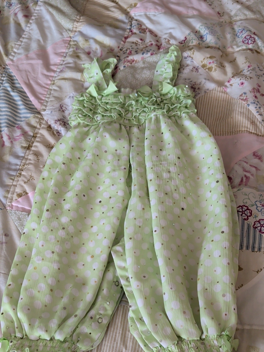 Bonnie Baby Light Green Polka Dot Ruffle Romper